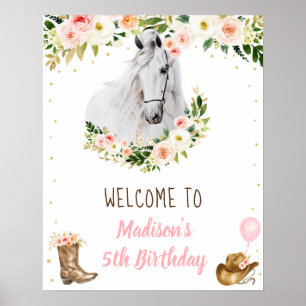 Póster Bienvenida a Cowgirl Horse Pony Floral Cumpleaños