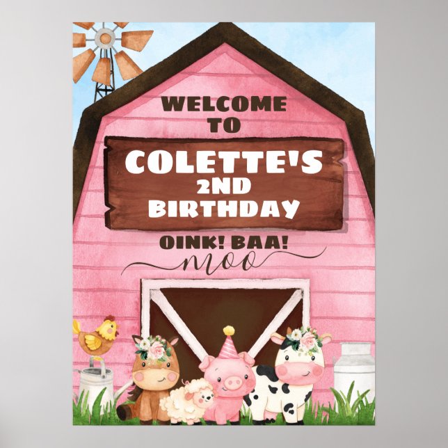 Póster Bienvenida a cumpleaños de la granja Pink Barn Oin (Frente)