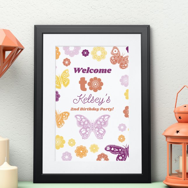 Póster Bienvenida a cumpleaños de mariposa retro Impreso (Frameable Butterfly Birthday Welcome Sign)