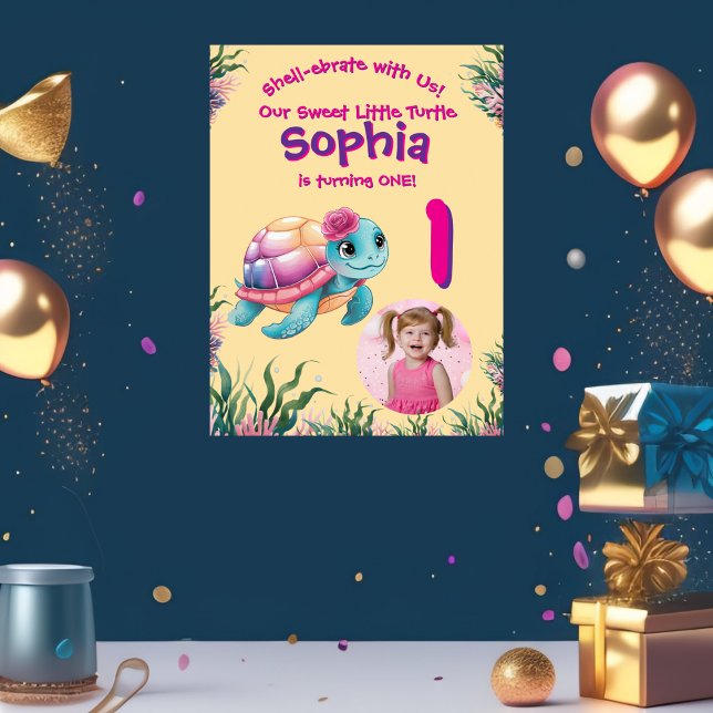 Póster Bienvenida a cumpleaños de tortuga floral cúpula (Subido por el creador)