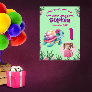 Póster Bienvenida a cumpleaños de tortuga floral cúpula