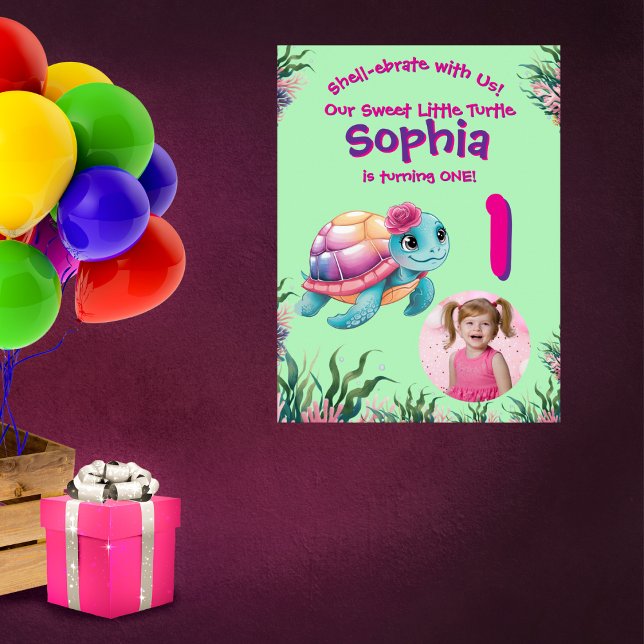 Póster Bienvenida a cumpleaños de tortuga floral cúpula (Subido por el creador)