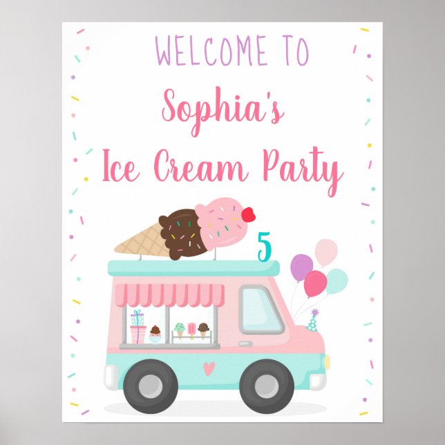 Póster Bienvenida a cumpleaños del Camión Cute Ice Cream (Frente)
