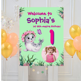 Póster Bienvenida a cumpleaños del marino floral y capric