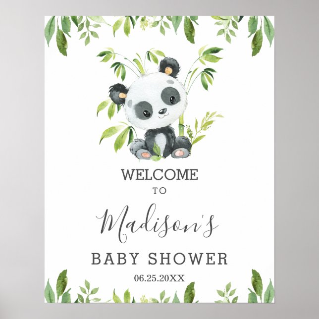 Póster Bienvenida a Cute Panda Greenery Baby Shower Neutr (Frente)