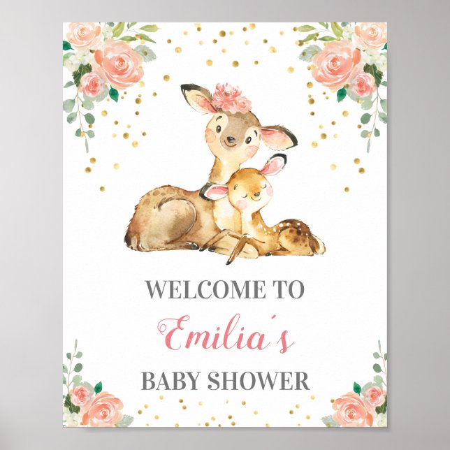 Póster Bienvenida a Deer Woodland Baby Girl Shower Sprink (Frente)