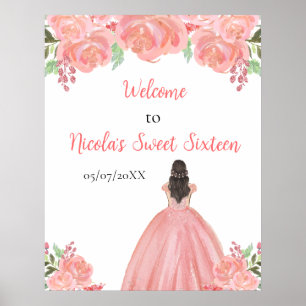 Póster Bienvenida a Dieciséis Princesa de Pelo Marrón Dul
