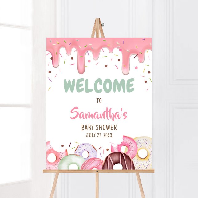 Póster Bienvenida a Donuts y Diapers (Pink Donuts Girl Baby Shower Welcome Sign)