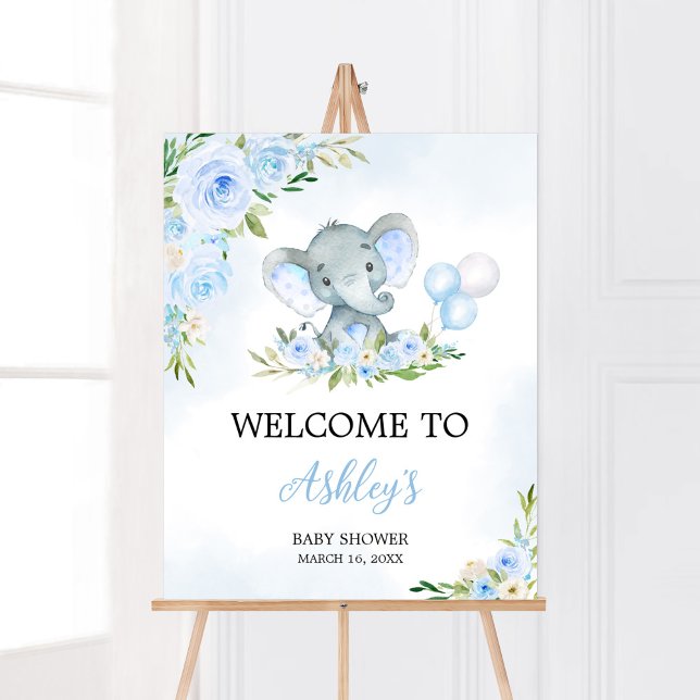 Póster Bienvenida a Elefante Floral de Globos Azules (Boy Elephant Balloon Baby Shower Welcome Sign)