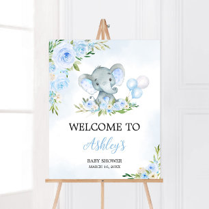 Póster Bienvenida a Elefante Floral de Globos Azules