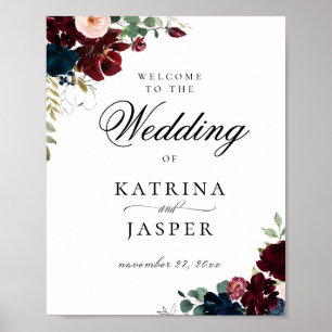 Póster Bienvenida a elegante Boda floral de la Marina de 