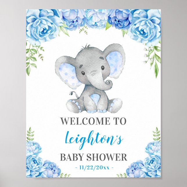 Póster Bienvenida a Elephant Blue Boy Baby Shower Sprinkl (Frente)