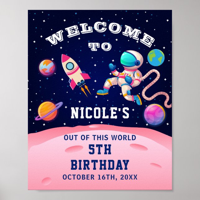 Póster Bienvenida a fiesta de cumpleaños de astronauta ro (Frente)