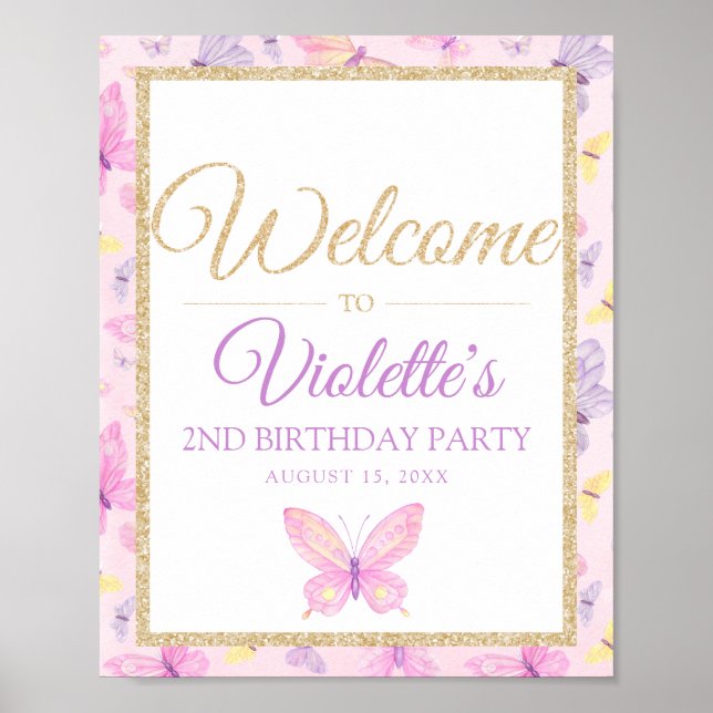 Póster Bienvenida a fiesta de cumpleaños de mariposas ros (Frente)