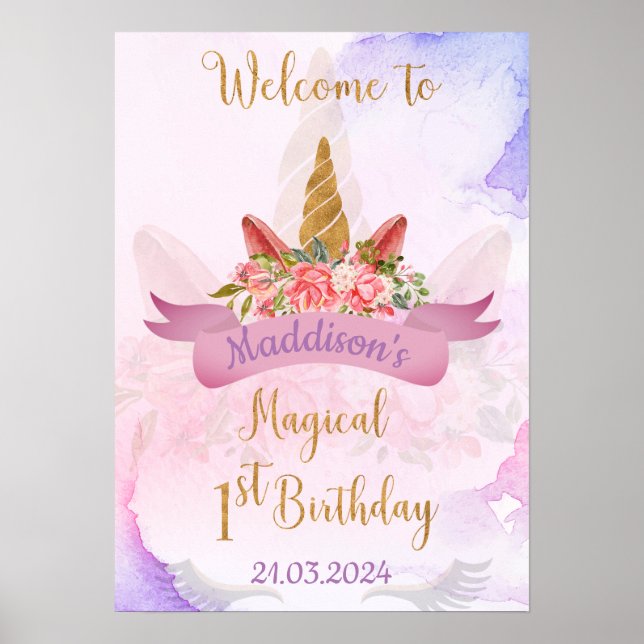 Póster Bienvenida a fiesta de cumpleaños de Pastel Floral (Frente)