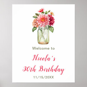 Póster Bienvenida a fiesta de cumpleaños de Pink Dahlias