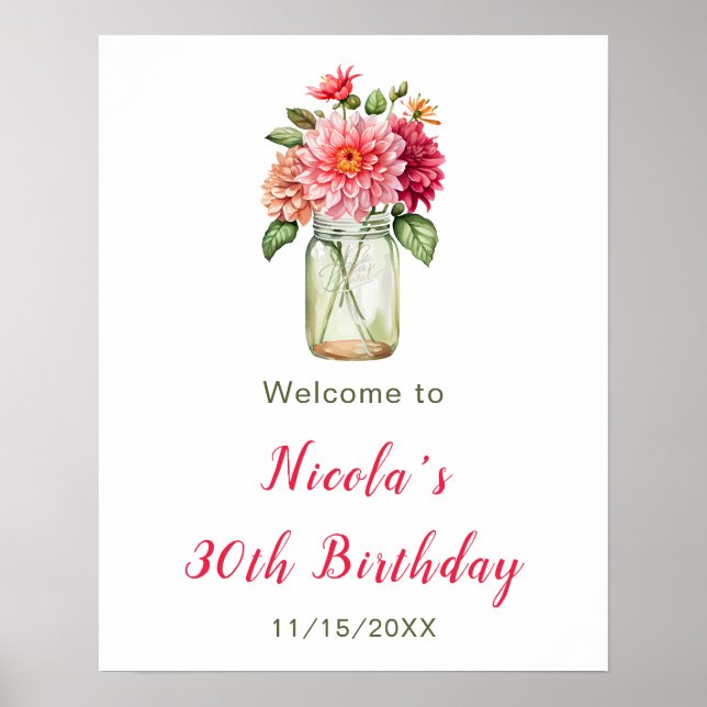 Póster Bienvenida a fiesta de cumpleaños de Pink Dahlias  (Frente)