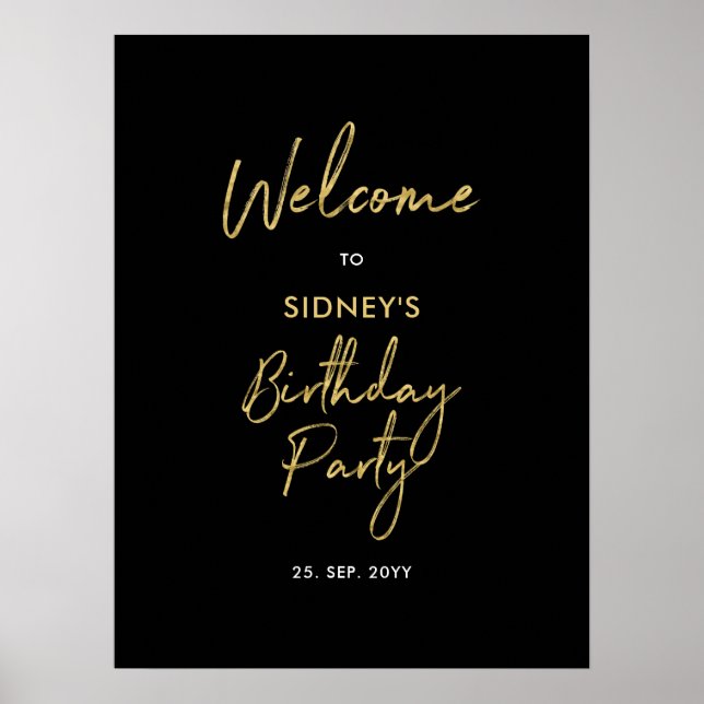 Póster Bienvenida a fiesta de cumpleaños moderna en dorad (Frente)