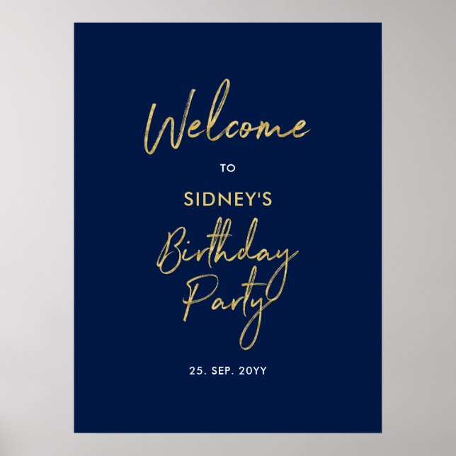 Póster Bienvenida a fiesta de cumpleaños moderna en dorad (Frente)