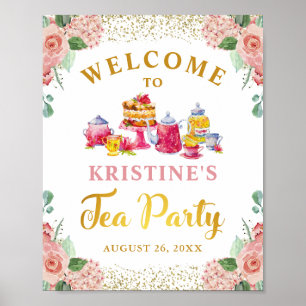 Póster Bienvenida a Fiesta de té con Purpurina floral de 