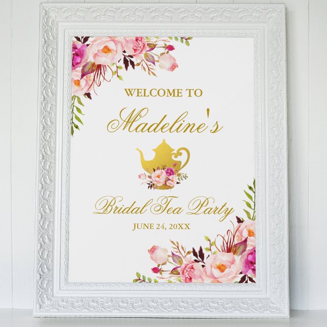 Póster Bienvenida a Fiesta de Té de Ducha Bridal con Flor (Customize to change text style, color or size.)