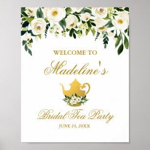 Póster Bienvenida a Fiesta de té de novia floral de oro v