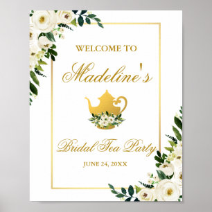 Póster Bienvenida a Fiesta de té de novia floral de oro v