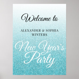Póster Bienvenida a Fiesta Purpurina Azul moda Año Nuevo