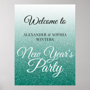 Póster Bienvenida a Fiesta Purpurina Verde moda Año Nuevo