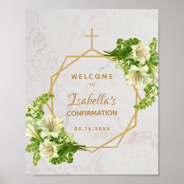 Póster Bienvenida a Floral Confirmation Gold Marble Lilie (Frente)