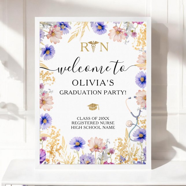 Póster Bienvenida a Flores Silvestres de la fiesta de gra (RN Nurse Graduation Party Wildflowers Welcome Poster)
