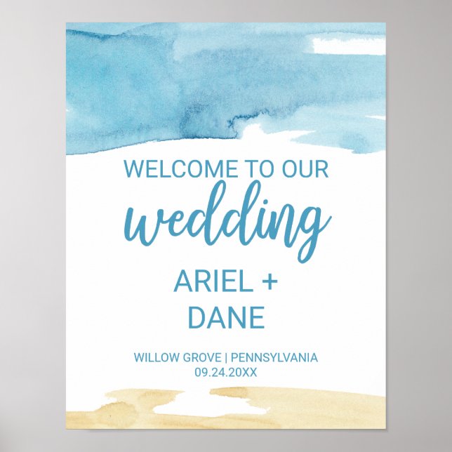 Póster Bienvenida a la arena acuarela y al Boda marino (Frente)