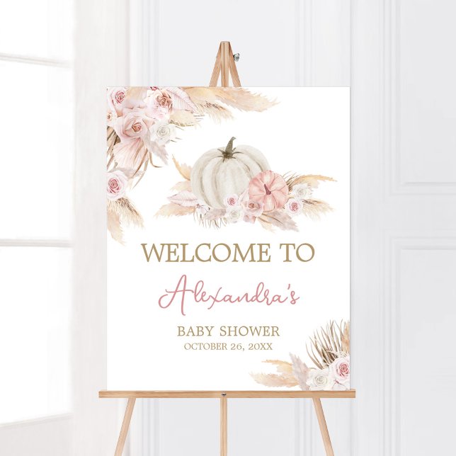 Póster Bienvenida a la Baby Shower de la Calabaza Rosa Bo (Pink Floral Pumpkin Baby Shower Welcome Sign)