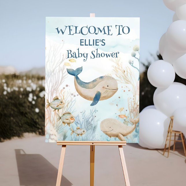 Póster Bienvenida a la ballena acuática Baby Shower Under (Welcome poster from the Whale Baby Shower Collection by Darling & May)