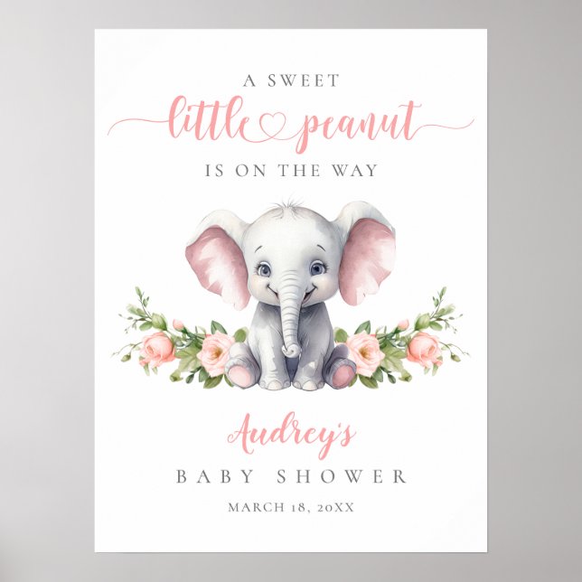 Póster Bienvenida a la bebé niña con Elefante Floral Rosa (Frente)
