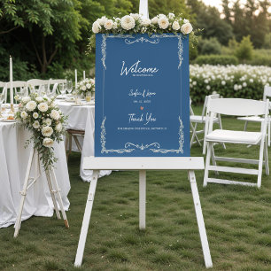 Póster Bienvenida a la boda de azul polvoriento con corba