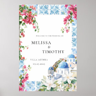 Póster Bienvenida a la boda de baldosas florales mediterr