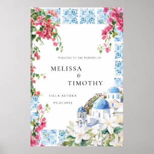 Póster Bienvenida a la boda de baldosas florales mediterr