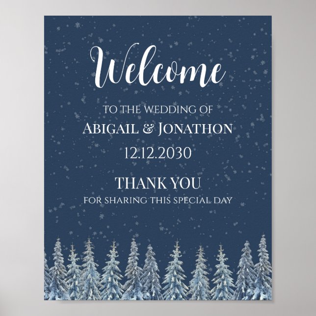 Póster Bienvenida a la boda de bosque invernal rústico (Frente)