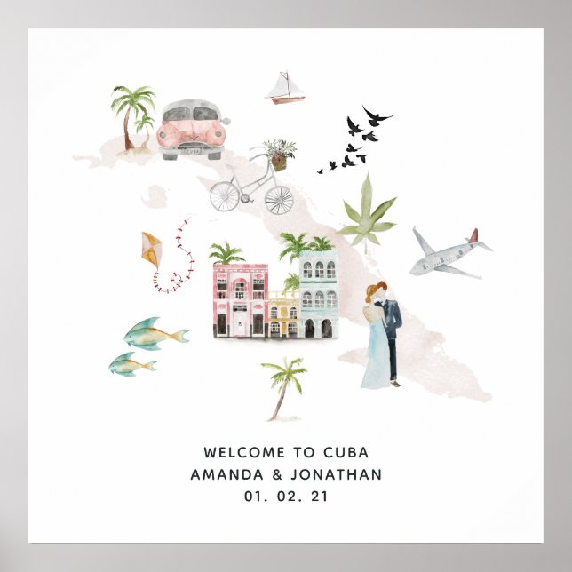 Póster Bienvenida a la boda de destino de Cuba de acuarel (Frente)