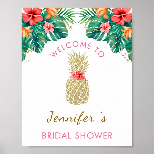 Póster Bienvenida a la boda de Glitter de Piña Dorada Ros (Frente)