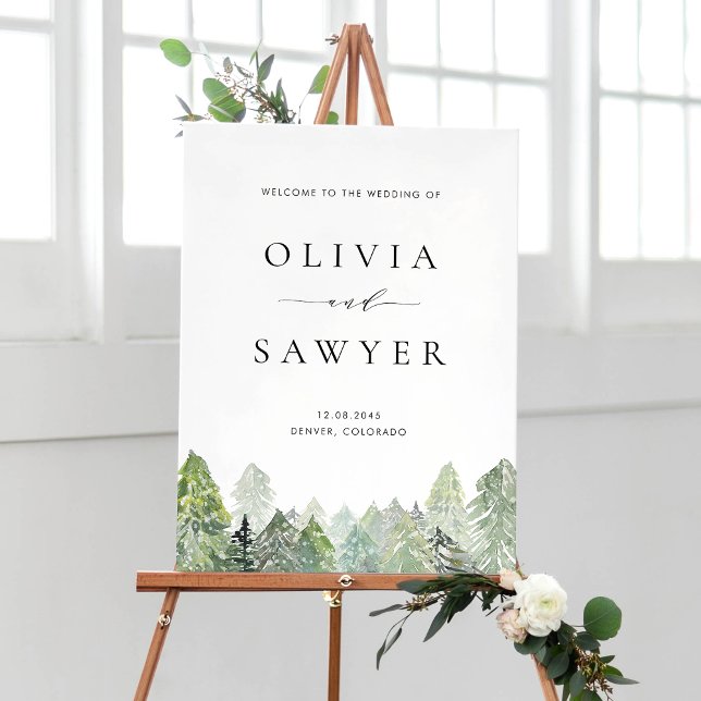Póster Bienvenida a la Boda de Invierno Snowy Evergreen F (Winter wedding sign featuring watercolor evergreen forest with falling snow.)