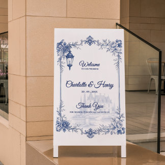 Póster Bienvenida a la boda de jardín azul y blanco con c