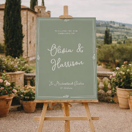Póster Bienvenida a la boda de jardín en verde salvia y o