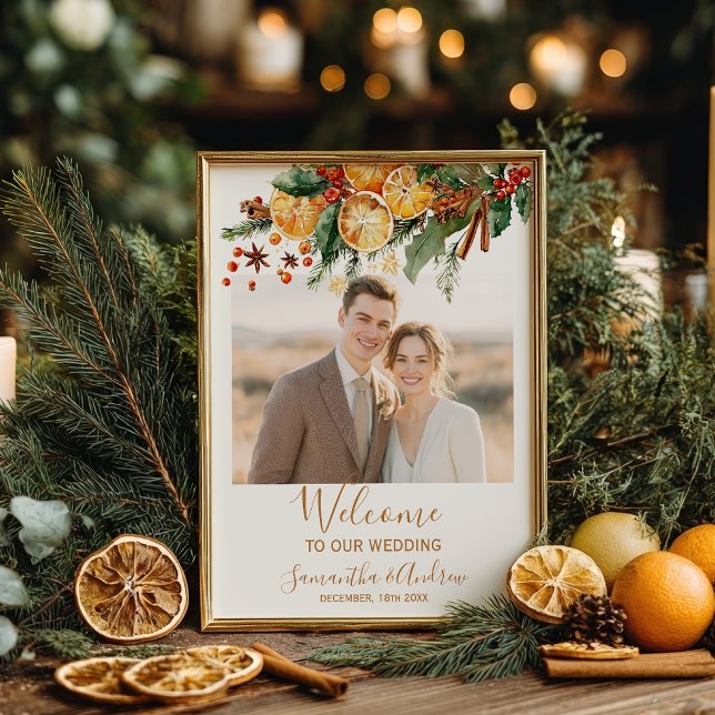 Póster Bienvenida a la boda de Navidad con cítricos de in (Citrus Christmas winter wedding welcome Poster)