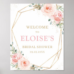 Póster Bienvenida a la boda floral rosa geométrico dorado