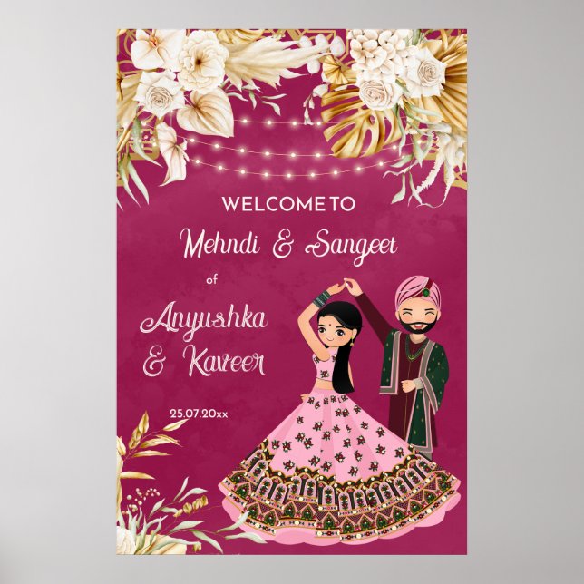 Póster Bienvenida a la boda india de mehndi sangeet rosa  (Frente)