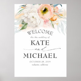 Póster Bienvenida a la Boda Vintage con Flores Rosa y Ros