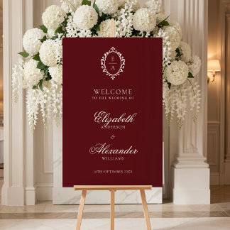 Póster Bienvenida a la boda vintage Crest Burgundy Old Mo