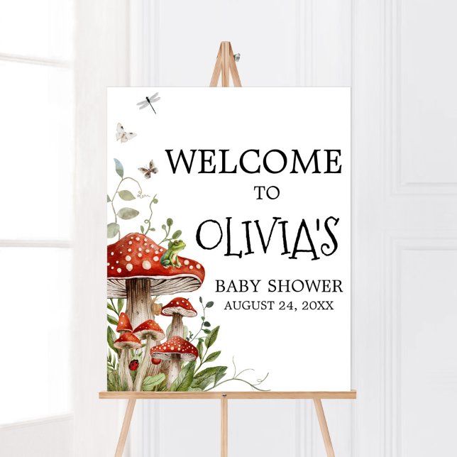 Póster Bienvenida a la caída de hongos singulares (Whimsical Mushroom Baby Shower Welcome Sign)